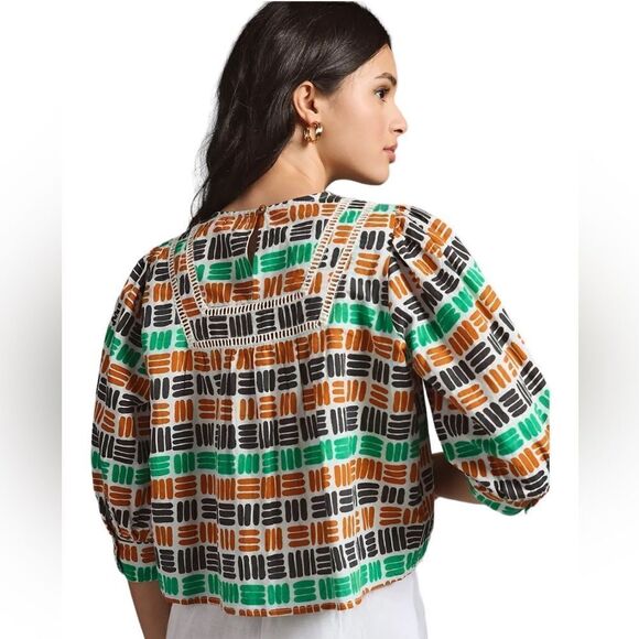 The Odell’s Kylie Blouse Anthropologie Crop Green Motiff Size XS NWOT - Picture 4 of 13